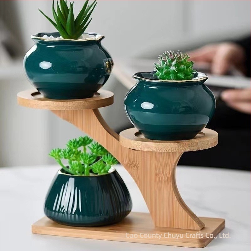 Suport de plante de birou din bambus pentru suculente — etajat, suport de ghivece, stil modern minimalist, montaj facil