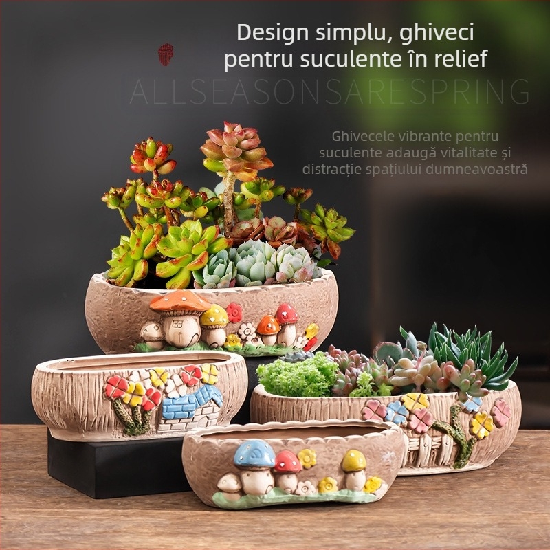 Ghiveci ceramic pentru suculente, oval, diametru mare, respirabil, pentru birou și casă
