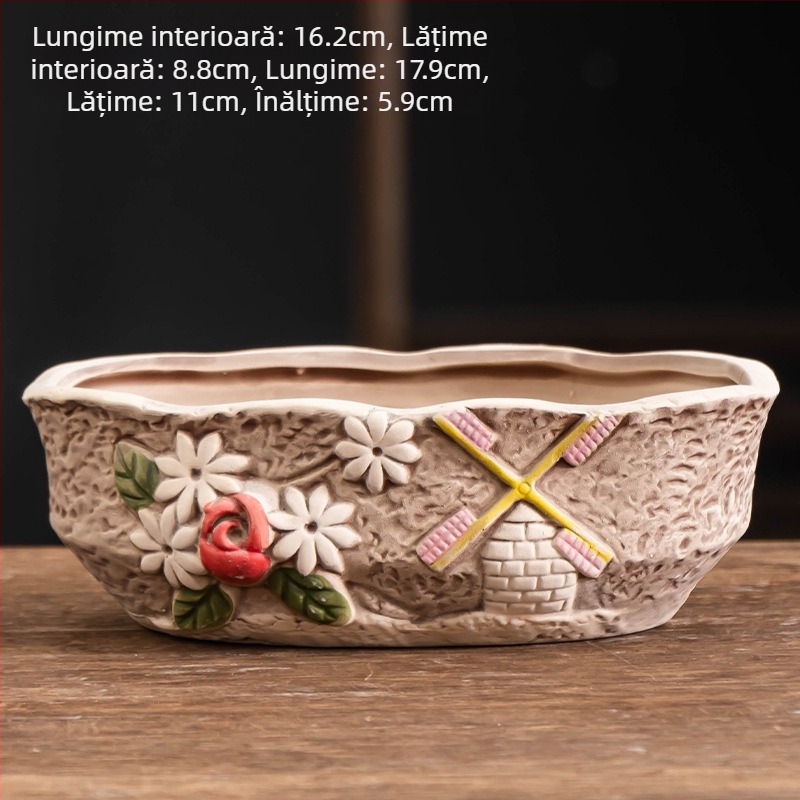 Ghiveci ceramic pentru suculente, oval, diametru mare, respirabil, pentru birou și casă
