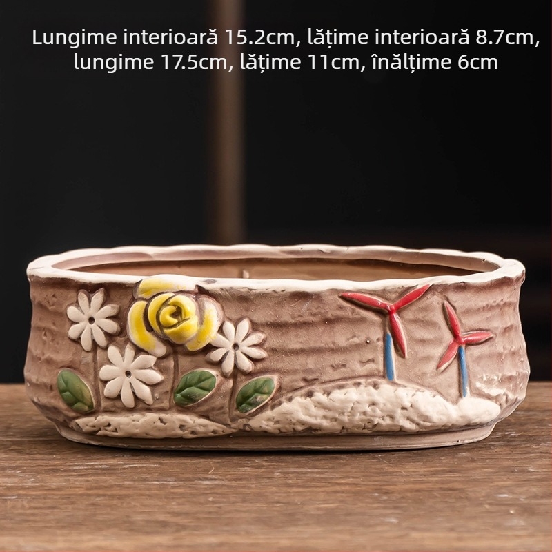 Ghiveci ceramic pentru suculente, oval, diametru mare, respirabil, pentru birou și casă