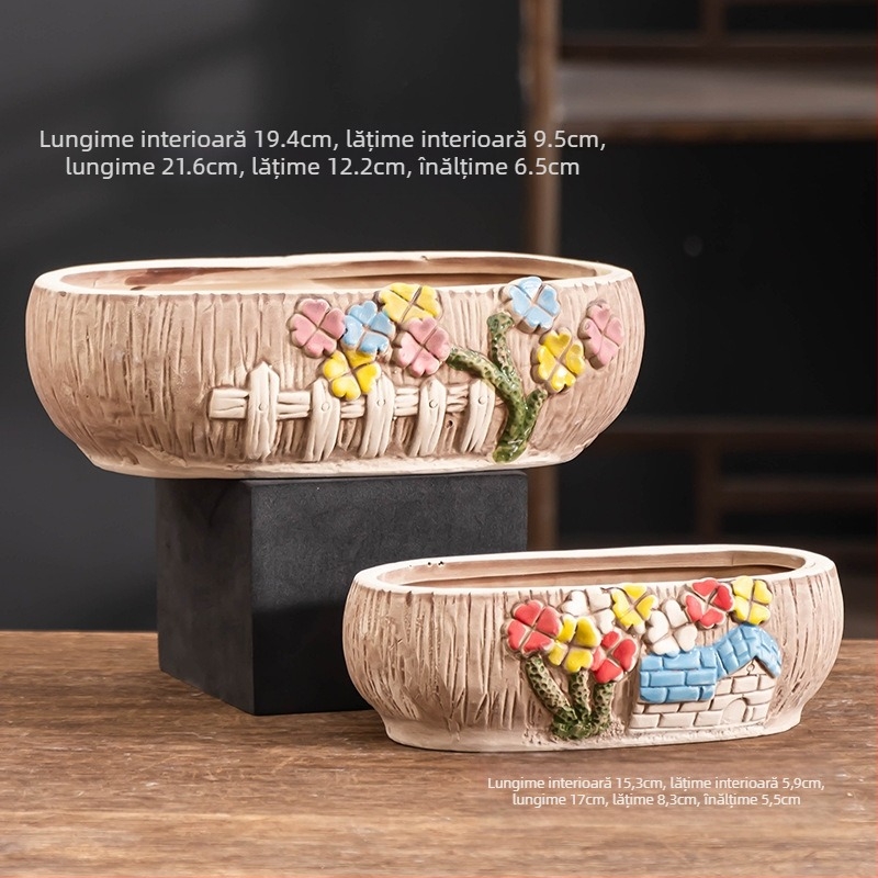 Ghiveci ceramic pentru suculente, oval, diametru mare, respirabil, pentru birou și casă