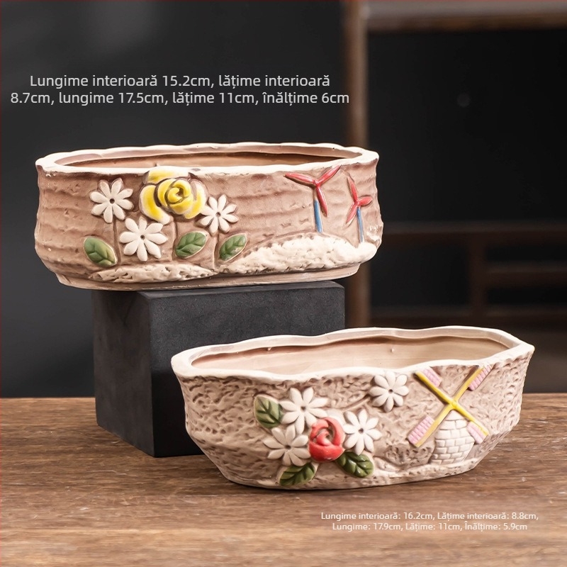 Ghiveci ceramic pentru suculente, oval, diametru mare, respirabil, pentru birou și casă