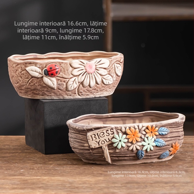 Ghiveci ceramic pentru suculente, oval, diametru mare, respirabil, pentru birou și casă