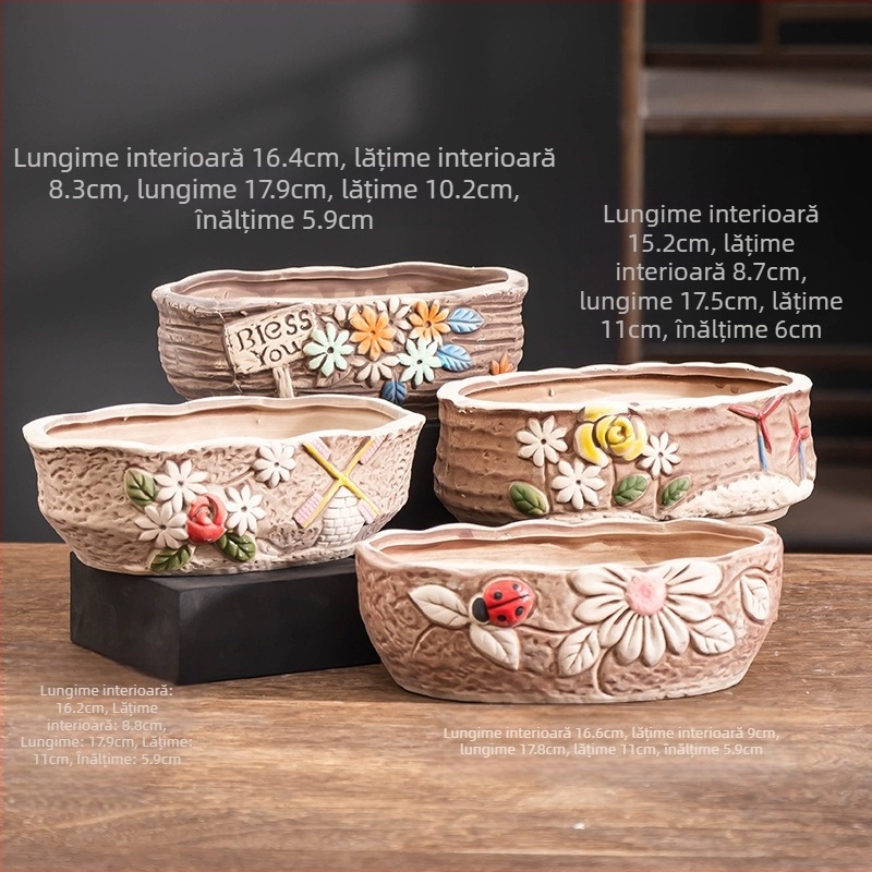 Ghiveci ceramic pentru suculente, oval, diametru mare, respirabil, pentru birou și casă