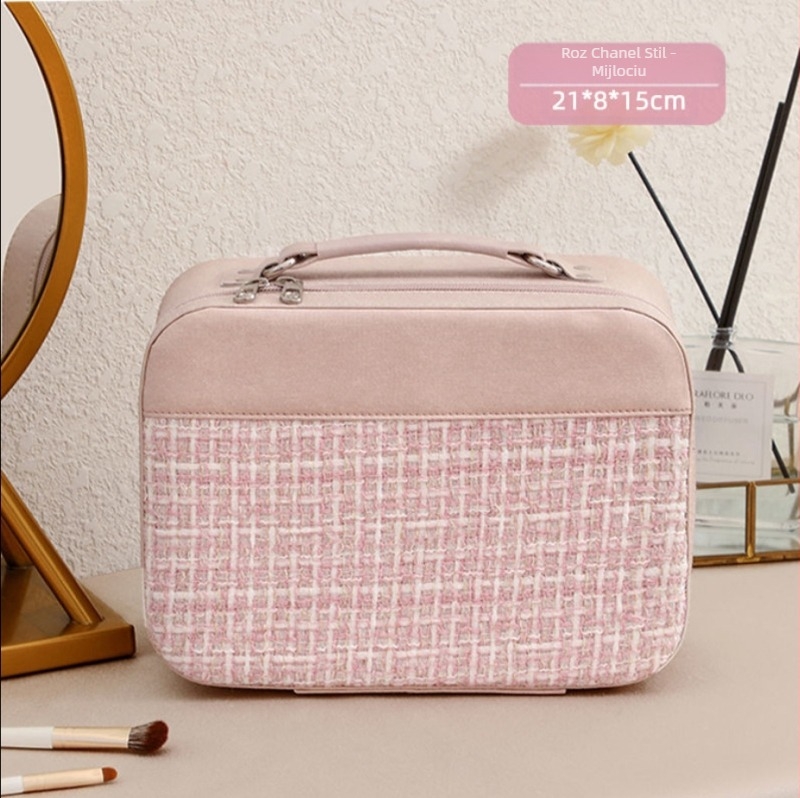 Cutie pentru cosmetice din PU, cu fermoar, încuietoare cu lacăt, roți universale, capacitate mare