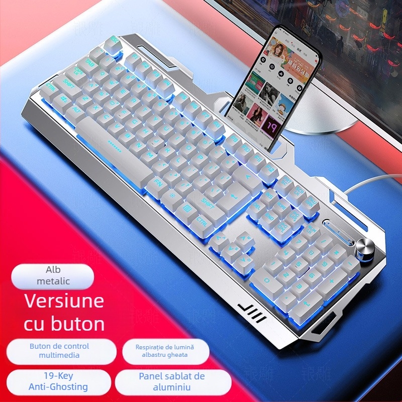 Tastatură de gaming Silver Carving V2, 104 tasteuri, cablată, cu suport pentru mână, Crater Architecture