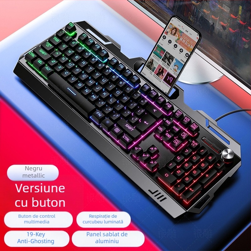 Tastatură de gaming Silver Carving V2, 104 tasteuri, cablată, cu suport pentru mână, Crater Architecture