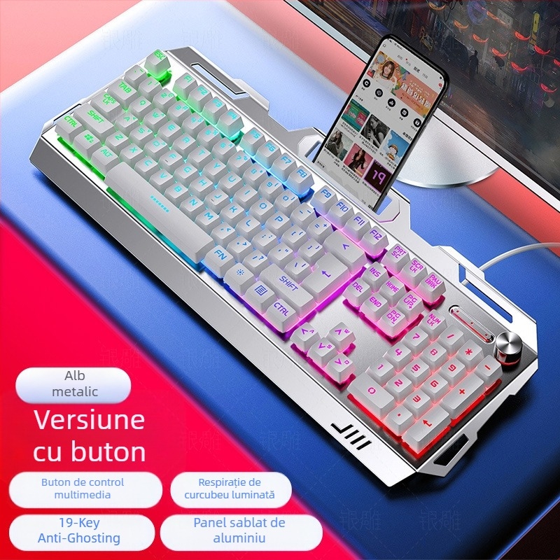 Tastatură de gaming Silver Carving V2, 104 tasteuri, cablată, cu suport pentru mână, Crater Architecture