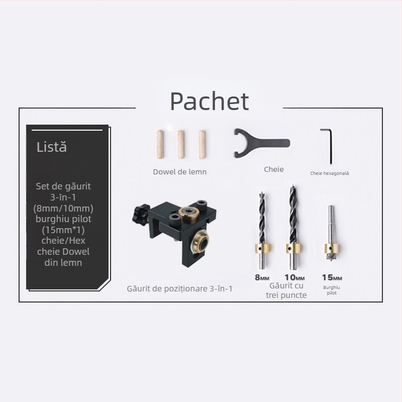 Locator de găuri pentru lemn, trei în unu: găuri drepte, dibluri rotunde, perforator mobilier | aluminiu 6061, 0,8 kg