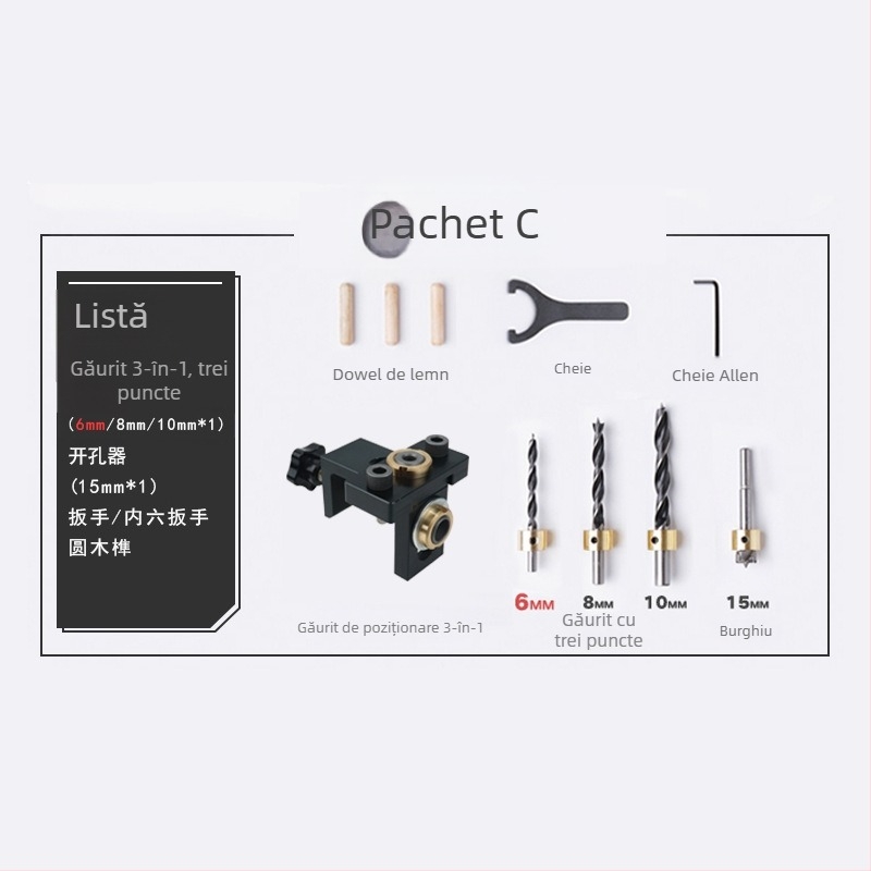 Locator de găuri pentru lemn, trei în unu: găuri drepte, dibluri rotunde, perforator mobilier | aluminiu 6061, 0,8 kg