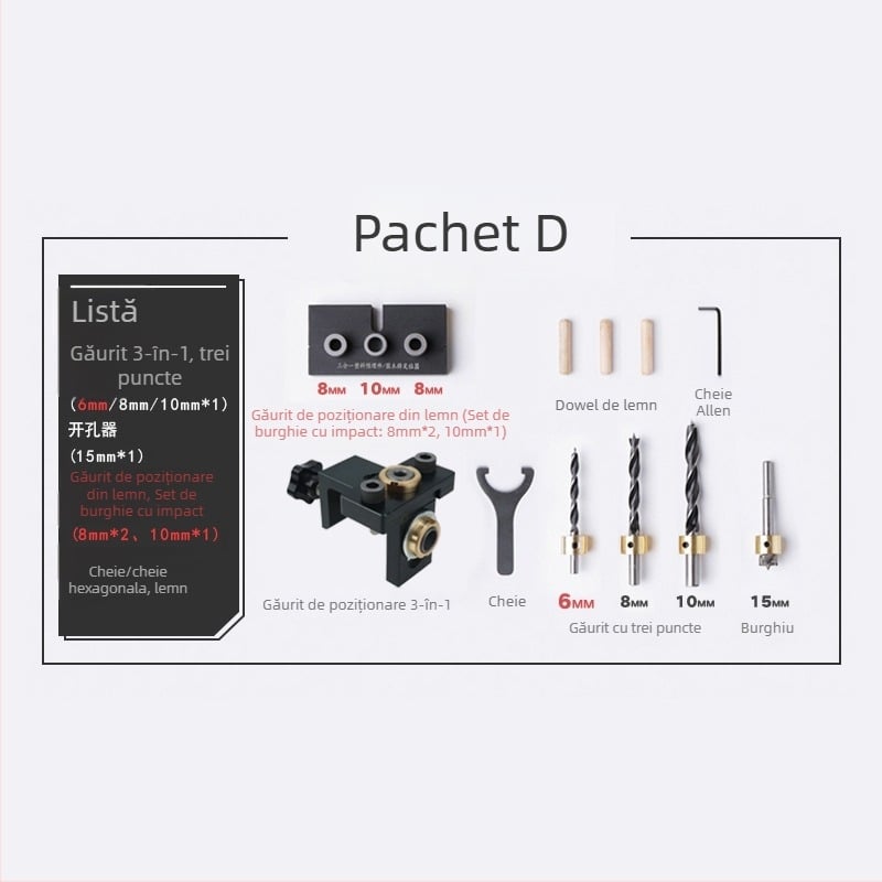 Locator de găuri pentru lemn, trei în unu: găuri drepte, dibluri rotunde, perforator mobilier | aluminiu 6061, 0,8 kg