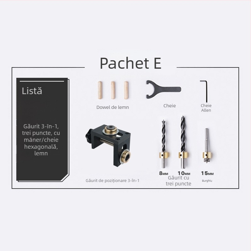 Locator de găuri pentru lemn, trei în unu: găuri drepte, dibluri rotunde, perforator mobilier | aluminiu 6061, 0,8 kg