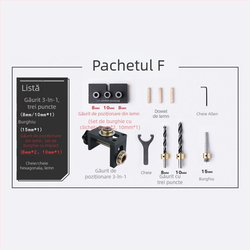 Locator de găuri pentru lemn, trei în unu: găuri drepte, dibluri rotunde, perforator mobilier | aluminiu 6061, 0,8 kg