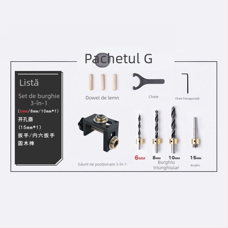 Locator de găuri pentru lemn, trei în unu: găuri drepte, dibluri rotunde, perforator mobilier | aluminiu 6061, 0,8 kg