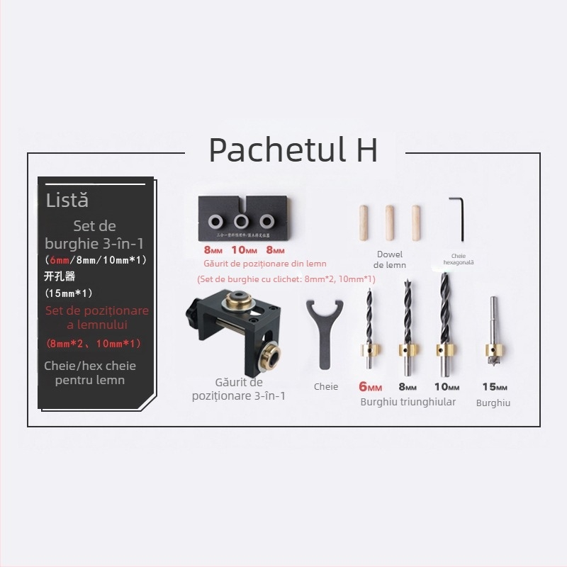 Locator de găuri pentru lemn, trei în unu: găuri drepte, dibluri rotunde, perforator mobilier | aluminiu 6061, 0,8 kg