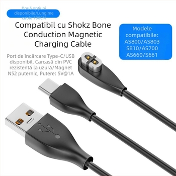 Cablu magnetic de încărcare pentru căști Bluetooth cu conductivitate osoasă (interfață USB-A/ USB-C; compatibil cu Shaoyin AS800/S803/S810; model Bsw-AS800; marcă Besivo/Baisiwo)