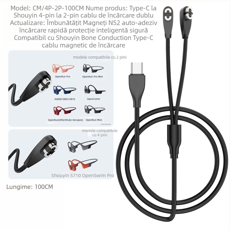 Cablu magnetic de încărcare pentru căști Bluetooth cu conductivitate osoasă (interfață USB-A/ USB-C; compatibil cu Shaoyin AS800/S803/S810; model Bsw-AS800; marcă Besivo/Baisiwo)