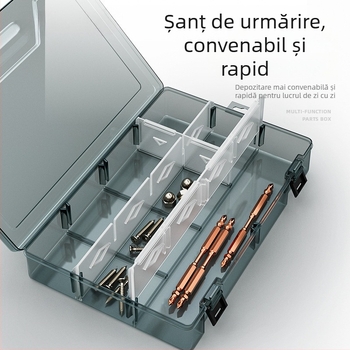 Cutie din plastic pentru piese cu mai multe compartimente și pereți întăriți, separatoare detașabile pentru șuruburi, burghie și componente electronice