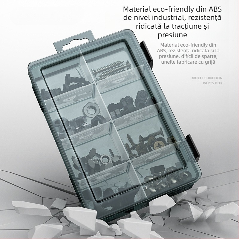 Cutie din plastic pentru piese cu mai multe compartimente și pereți întăriți, separatoare detașabile pentru șuruburi, burghie și componente electronice