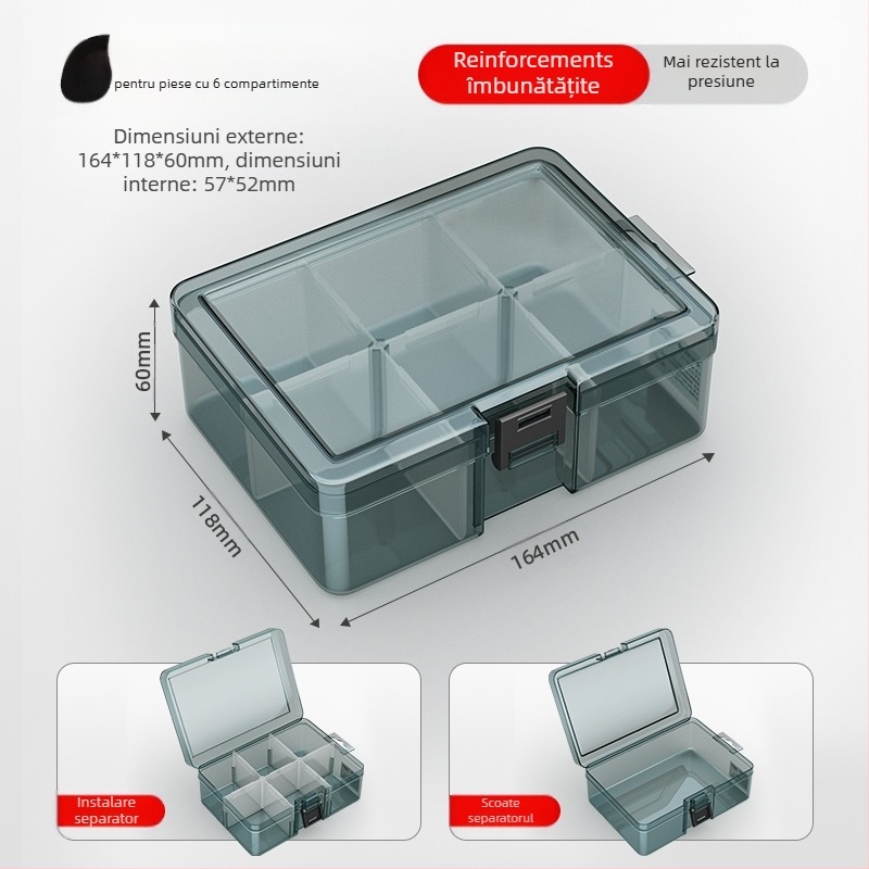 Cutie din plastic pentru piese cu mai multe compartimente și pereți întăriți, separatoare detașabile pentru șuruburi, burghie și componente electronice