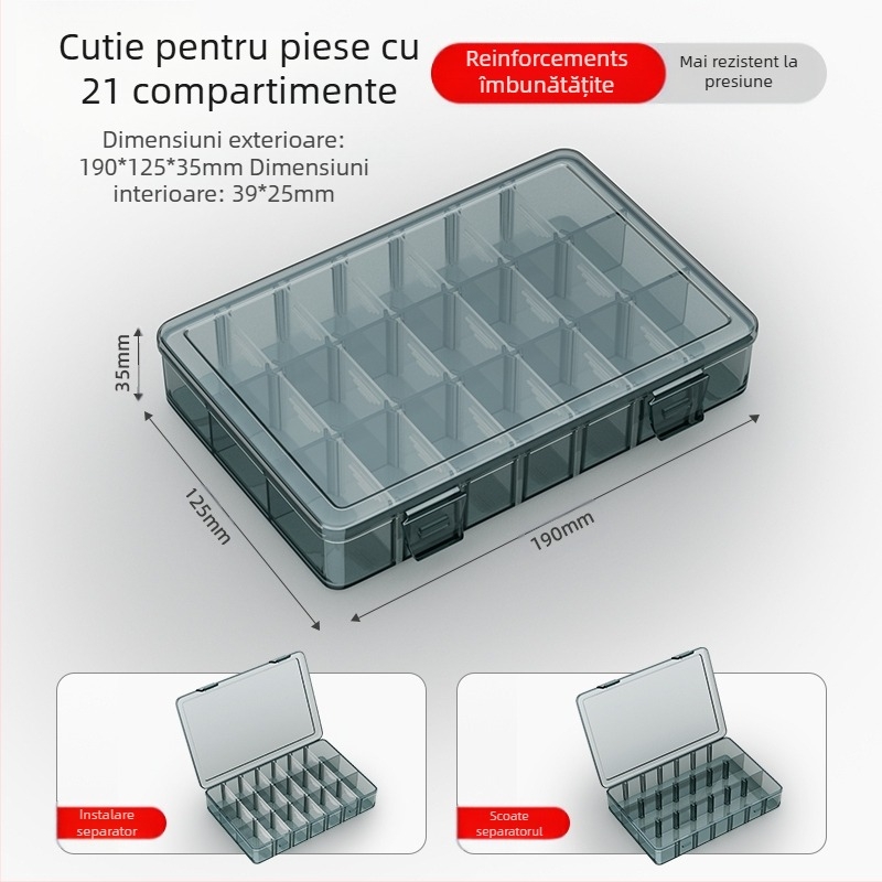 Cutie din plastic pentru piese cu mai multe compartimente și pereți întăriți, separatoare detașabile pentru șuruburi, burghie și componente electronice
