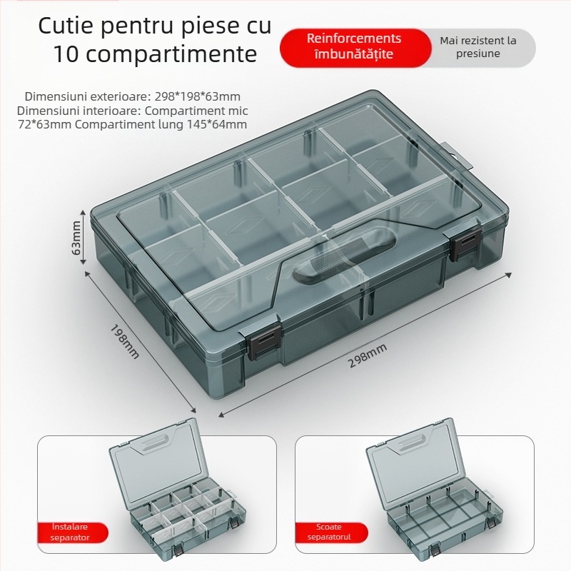 Cutie din plastic pentru piese cu mai multe compartimente și pereți întăriți, separatoare detașabile pentru șuruburi, burghie și componente electronice