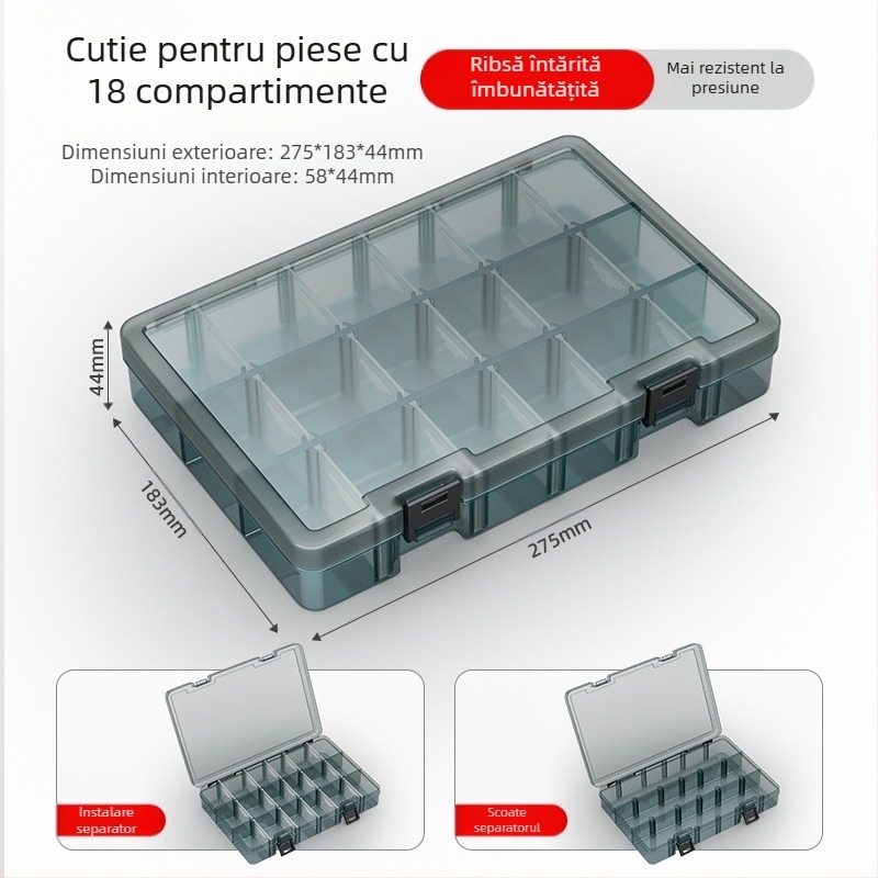 Cutie din plastic pentru piese cu mai multe compartimente și pereți întăriți, separatoare detașabile pentru șuruburi, burghie și componente electronice