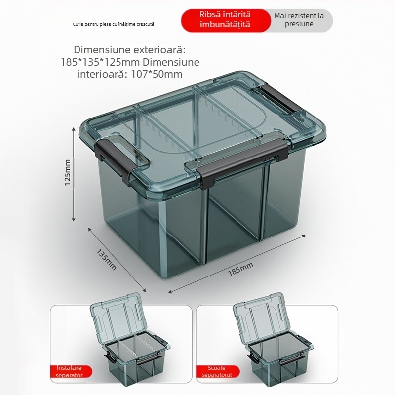 Cutie din plastic pentru piese cu mai multe compartimente și pereți întăriți, separatoare detașabile pentru șuruburi, burghie și componente electronice