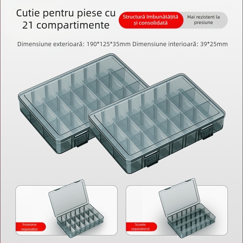 Cutie din plastic pentru piese cu mai multe compartimente și pereți întăriți, separatoare detașabile pentru șuruburi, burghie și componente electronice