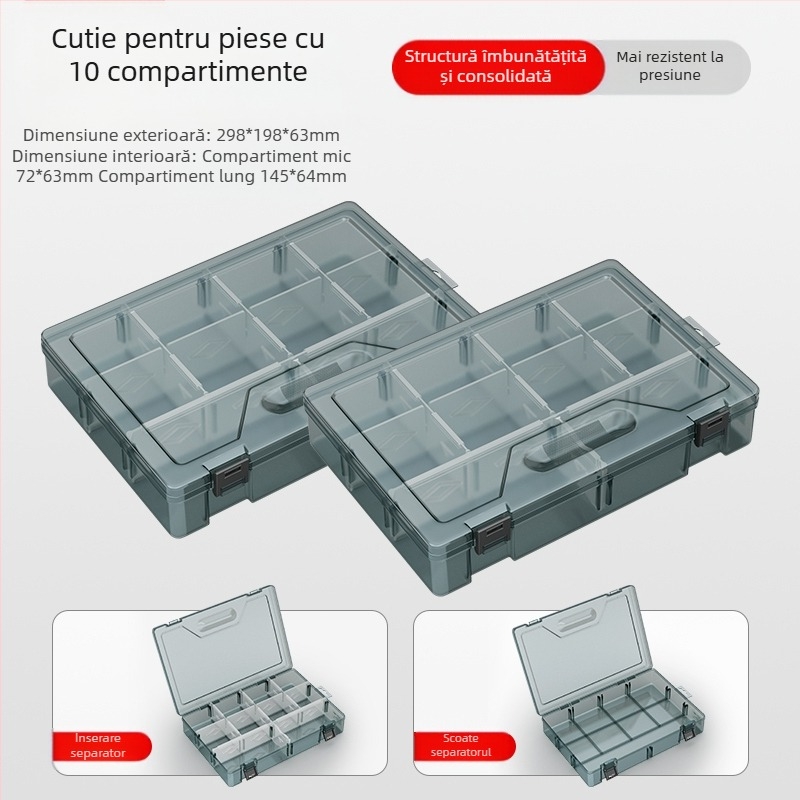 Cutie din plastic pentru piese cu mai multe compartimente și pereți întăriți, separatoare detașabile pentru șuruburi, burghie și componente electronice