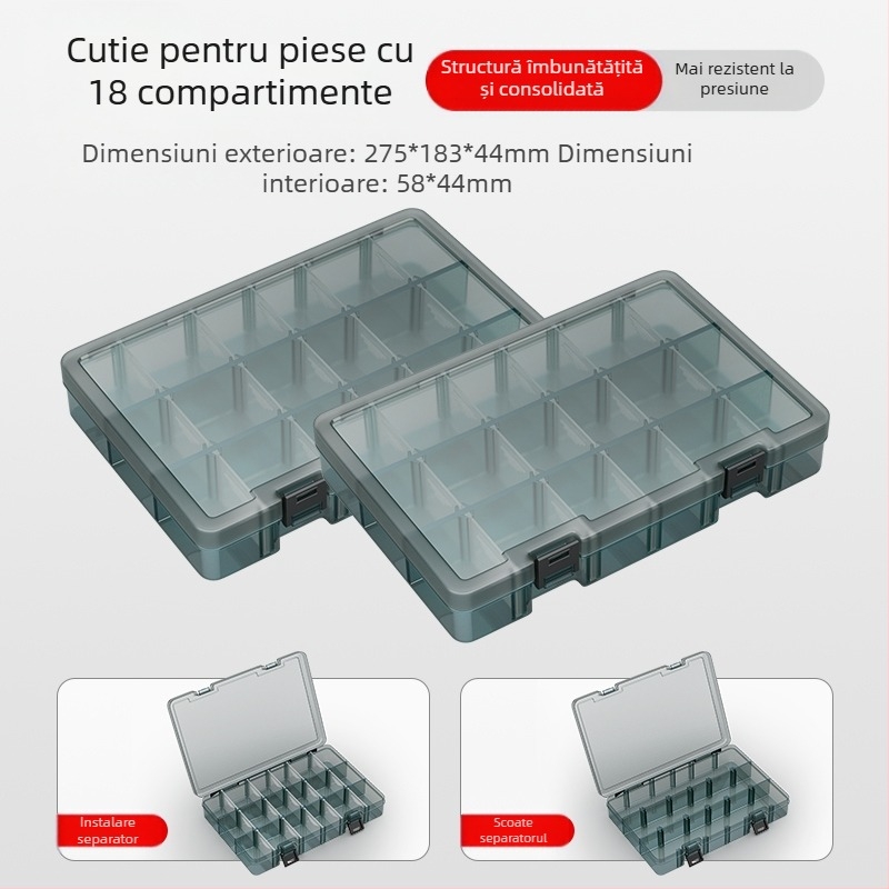Cutie din plastic pentru piese cu mai multe compartimente și pereți întăriți, separatoare detașabile pentru șuruburi, burghie și componente electronice
