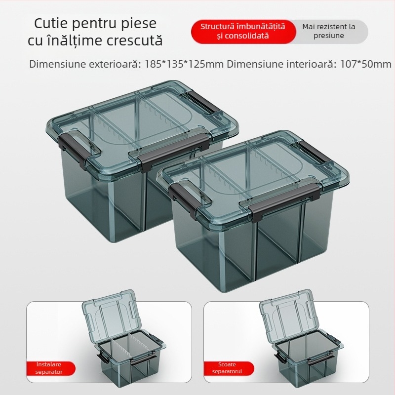 Cutie din plastic pentru piese cu mai multe compartimente și pereți întăriți, separatoare detașabile pentru șuruburi, burghie și componente electronice
