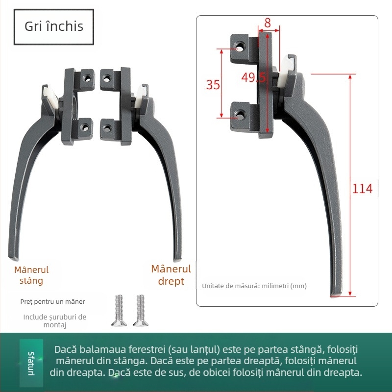 Mâner de fereastră – design modern minimalist, modelul 050, material: aliaj de zinc