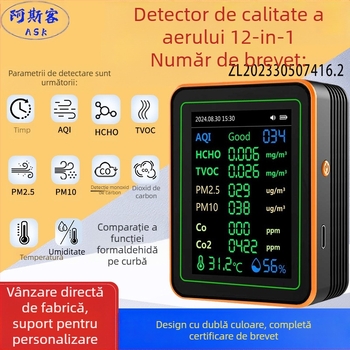 Monitor de calitate a aerului 15-in-1: CO2, PM2.5, TVOC, formaldehidă, temperatură şi umiditate, model ZN-MT22, interval CO2 400-5000 ppm, precizie 1 ppm, DC 3.7V