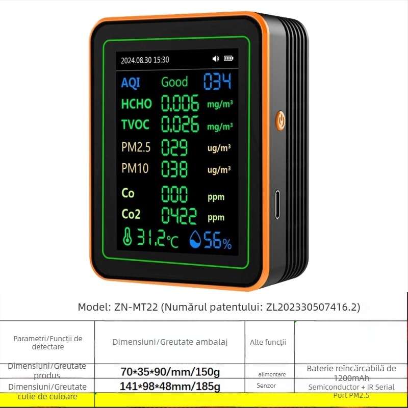 Monitor de calitate a aerului 15-in-1: CO2, PM2.5, TVOC, formaldehidă, temperatură şi umiditate, model ZN-MT22, interval CO2 400-5000 ppm, precizie 1 ppm, DC 3.7V