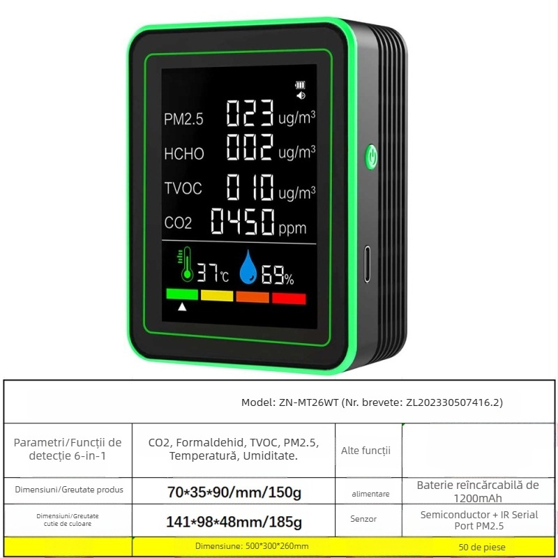 Monitor de calitate a aerului 15-in-1: CO2, PM2.5, TVOC, formaldehidă, temperatură şi umiditate, model ZN-MT22, interval CO2 400-5000 ppm, precizie 1 ppm, DC 3.7V