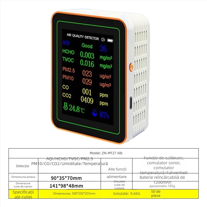 Monitor de calitate a aerului 15-in-1: CO2, PM2.5, TVOC, formaldehidă, temperatură şi umiditate, model ZN-MT22, interval CO2 400-5000 ppm, precizie 1 ppm, DC 3.7V