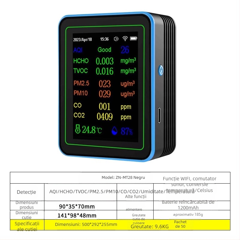 Monitor de calitate a aerului 15-in-1: CO2, PM2.5, TVOC, formaldehidă, temperatură şi umiditate, model ZN-MT22, interval CO2 400-5000 ppm, precizie 1 ppm, DC 3.7V