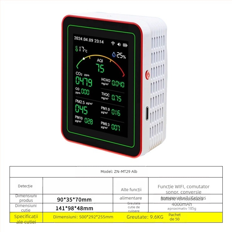 Monitor de calitate a aerului 15-in-1: CO2, PM2.5, TVOC, formaldehidă, temperatură şi umiditate, model ZN-MT22, interval CO2 400-5000 ppm, precizie 1 ppm, DC 3.7V