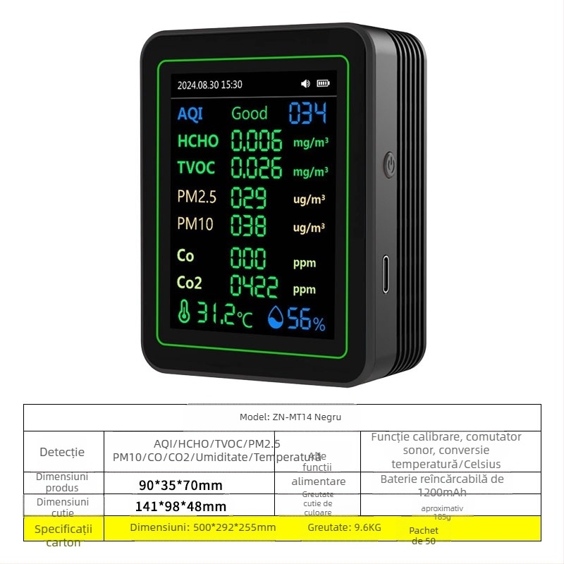 Monitor de calitate a aerului 15-in-1: CO2, PM2.5, TVOC, formaldehidă, temperatură şi umiditate, model ZN-MT22, interval CO2 400-5000 ppm, precizie 1 ppm, DC 3.7V