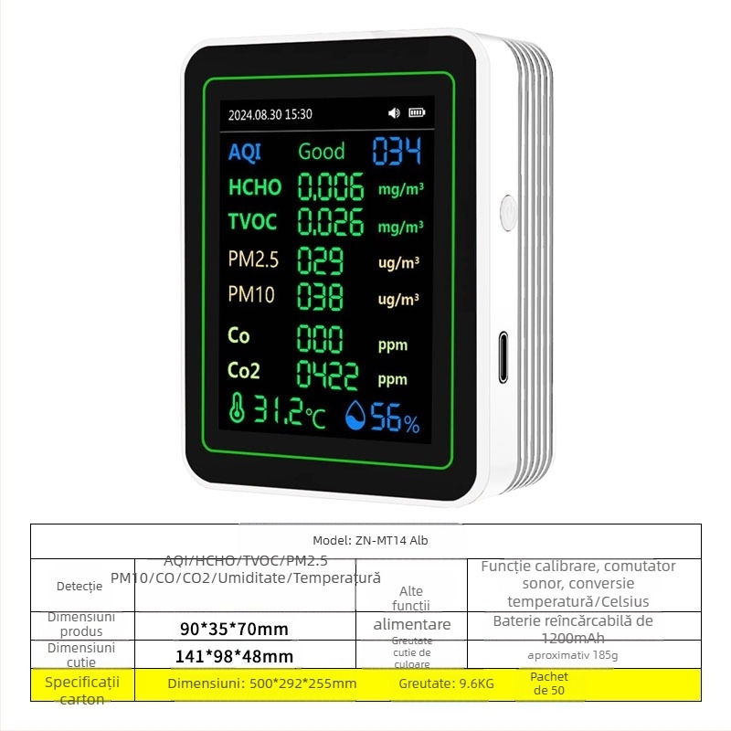 Monitor de calitate a aerului 15-in-1: CO2, PM2.5, TVOC, formaldehidă, temperatură şi umiditate, model ZN-MT22, interval CO2 400-5000 ppm, precizie 1 ppm, DC 3.7V