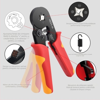 SANJIANG Clește pentru terminale tubulare cu ratchet – design economisire efort, 45# oțel, 670 g