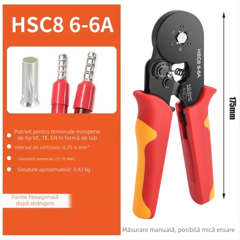 SANJIANG Clește pentru terminale tubulare cu ratchet – design economisire efort, 45# oțel, 670 g