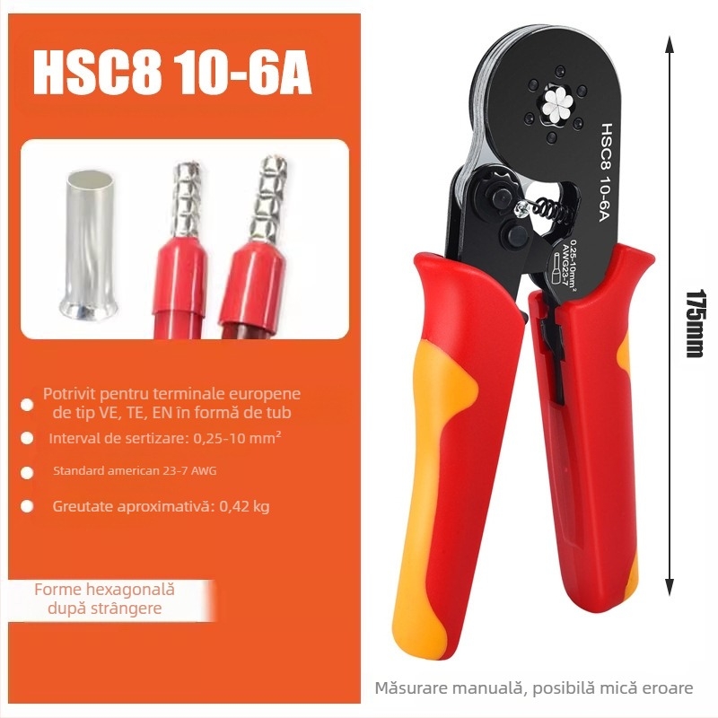 SANJIANG Clește pentru terminale tubulare cu ratchet – design economisire efort, 45# oțel, 670 g