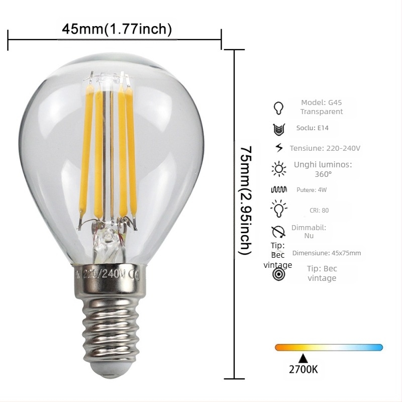 Lampa LED în stil Edison, model G45, soclu E27/E26, 220V, CRI > 90