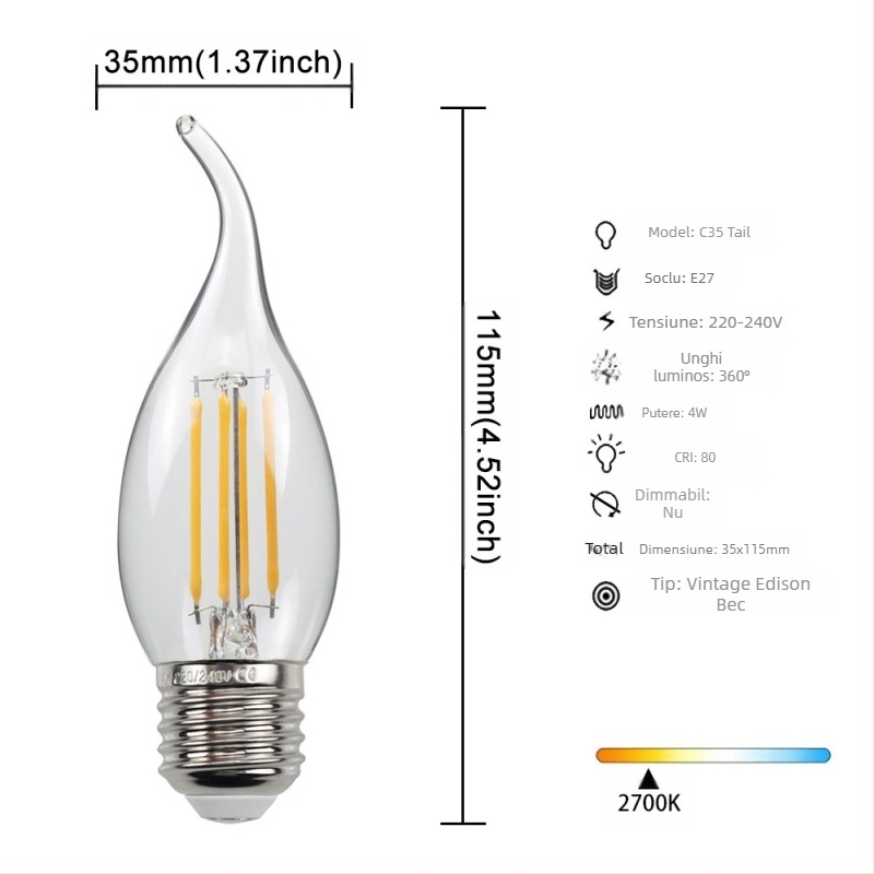 Lampa LED în stil Edison, model G45, soclu E27/E26, 220V, CRI > 90