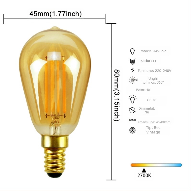 Lampa LED în stil Edison, model G45, soclu E27/E26, 220V, CRI > 90