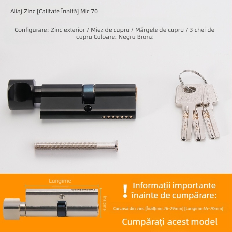 cilindru încuietoare PH-668, construcție din aliaj de cupru/zinc/aluminiu, Brand Flat Ring, pentru uși interioare, stil modern minimalist