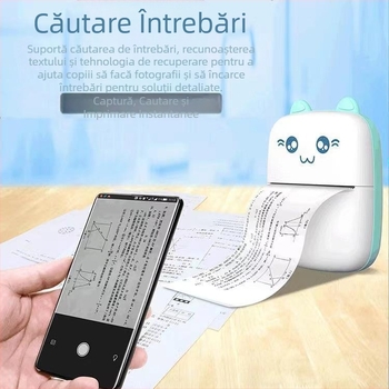Printer portabil de etichete pentru greșeli la teme — imprimantă termică Bluetooth/USB, format 75×30 mm, capacitate hârtie 57×25 mm, suport aplicație