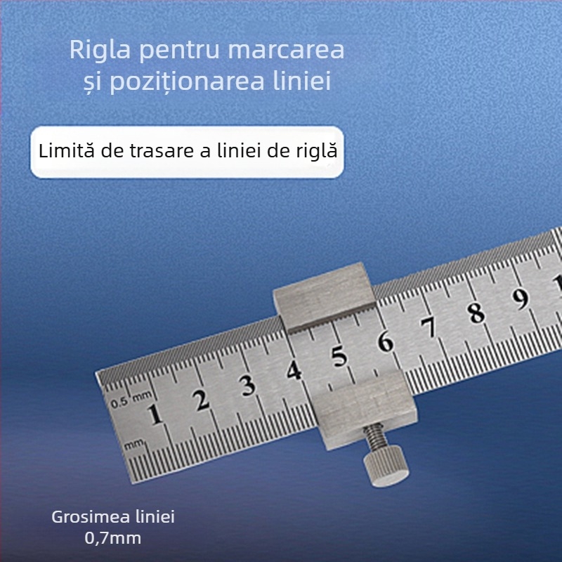 Riglă din oțel inoxidabil cu bloc de poziționare și limită – pentru tâmplărie, scară metrică și inci
